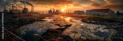 concept of environmental degradation with powerful imagery of polluted rivers and streams flowing past industrial complexes.