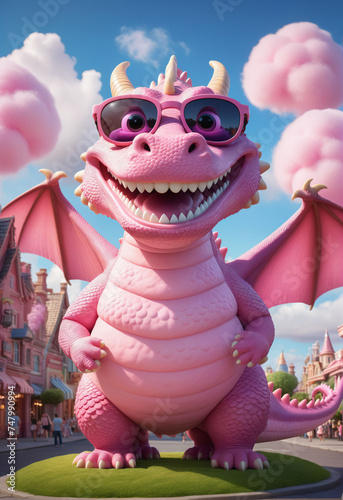 Pink fire dragon wearing travel glasses