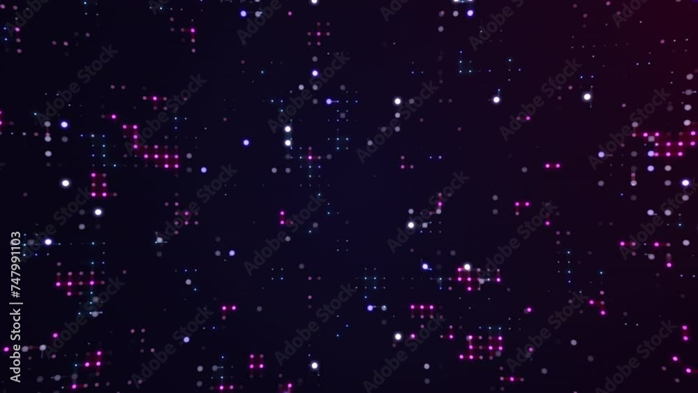 A slow zoom of abstract cyberspace made of dots and lines of blue red and white colors. Networks in computer space with moving streams on black background. Glitter sparkle squares futuristic tech. A slow zoom of abstract cyberspace made of dots and lines of blue red and white colors. Networks in computer space with moving streams on black background. Glitter sparkle squares futuristic tech.