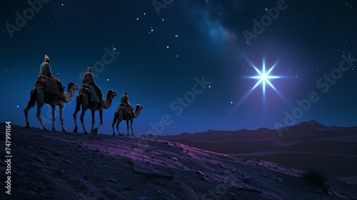 A depiction of the three wise men on camels  following the bright Star of Bethlehem through the desert at night  AI Generative