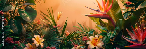 An exotic tropical paradise with exotic flowers  proteas and tropical foliage to create a luxurious and exotic ambiance.