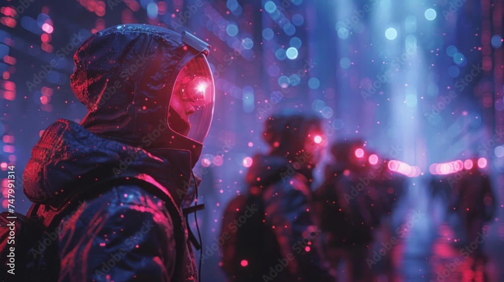 A high-tech, intense scene featuring blue and red teams in hacker-like attire, defending a network against a breach, encryption algorithms and glowing lines in the dark background, AI Generative - obrazy, fototapety, plakaty 