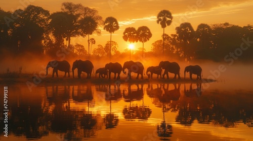 A herd of elephants gathered at a watering hole at dusk, the tranquility of the scene punctuated by the gentle sounds of drinking, a powerful image of communal life in the wild AI Generative photo