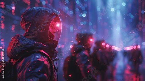A high-tech, intense scene featuring blue and red teams in hacker-like attire, defending a network against a breach, encryption algorithms and glowing lines in the dark background, AI Generative