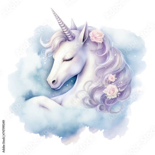 Graceful unicorn with blue clouds illustration - This striking image captures a serene unicorn with a flowing mane, surrounded by mystical blue clouds in a fantasy setting