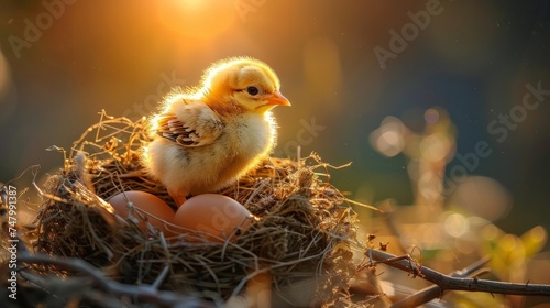 A newborn chick breaking free from its egg, the struggle and triumph of birth illuminated by gentle light, a close-up that emphasizes the fragility and strength of life, a touching AI Generative