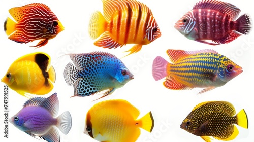 A vibrant collection of colorful fish, each showcasing unique patterns and hues, arranged against a pure white background. This composition highlights the diversity and beauty, AI Generative