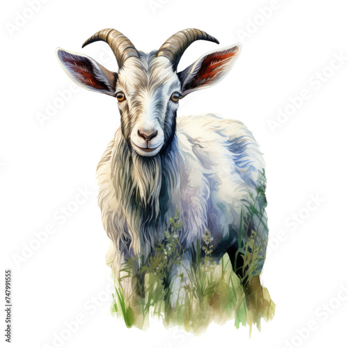 Illustration of a goat with prominent horns and a serene expression, isolated on transparent background.