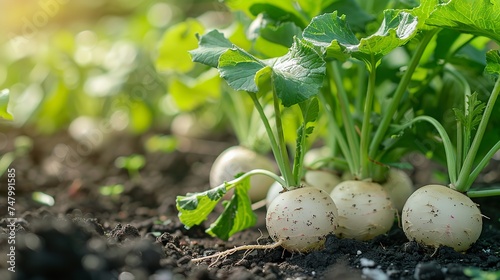 Close shot of freshly harvested white round radish in agricultural field with a big space for text or product and soils, Generative AI. photo