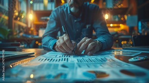 accountant analyzing financial growth, preparing finance report, investment strategy backdrop, concentrated work, gentle ambient light AI Generative