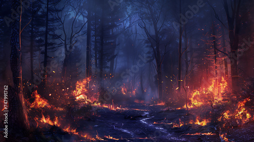 Forest fire burning in the forest at night. Natural disaster concept.