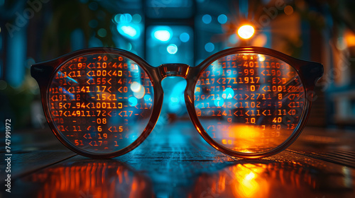 Binary digits and programming reflected on glasses on a dimly lit desk  intellectual  creative  late night  desktop  lamp light  AI Generative