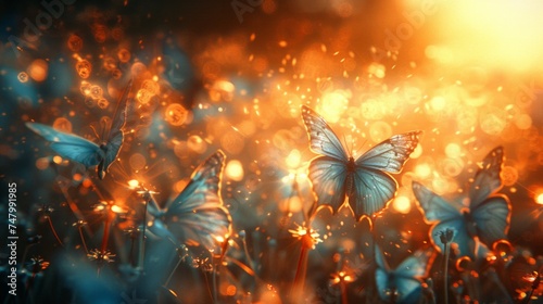 blue butterflies in flight, ethereal beauty, dreamy, soft pastel backdrop, magical, gentle sunlight, AI Generative © sorapop