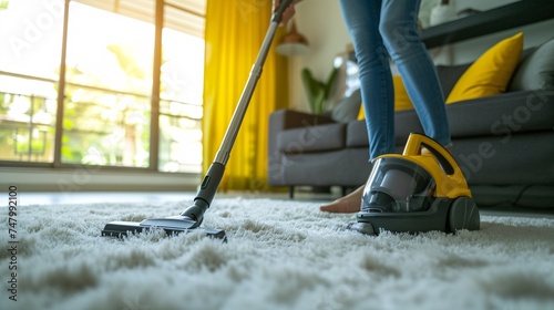 a person vacuuming a carpet