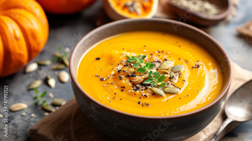 Freshly cooked vegetarian pumpkin soup --