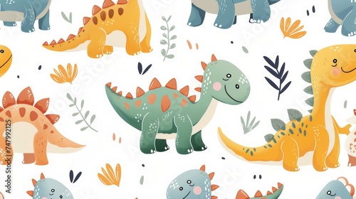 Cute and whimsical dino cartoon characters in a seamless repeat pattern  ideal for charming children room decor  bedding  AI Generative
