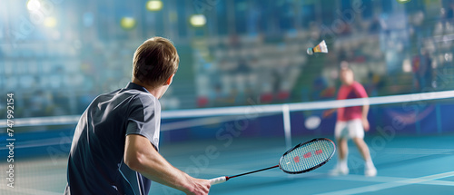 Athletic sport man holding a badminton racket and hitting the shuttlecock. Banner championship badminton