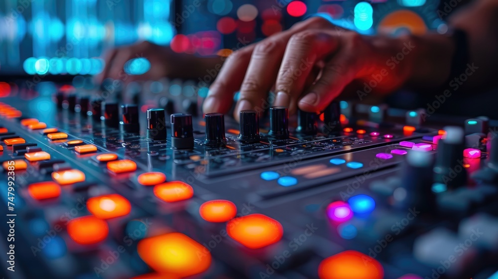 Close-up of a hand adjusting knobs on a professional sound mixer with glowing red and blue lights in a recording studio.