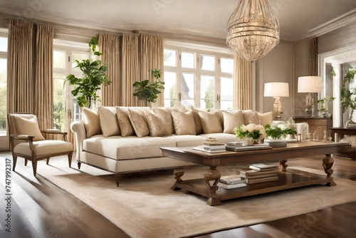 A beautifully adorned cream-colored sofa set amidst an elegant living room, exuding comfort and sophistication against a backdrop of tasteful decor elements.