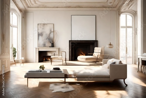 A sunlit living room with a modern sofa and a blank frame hanging above the fireplace. © WOW