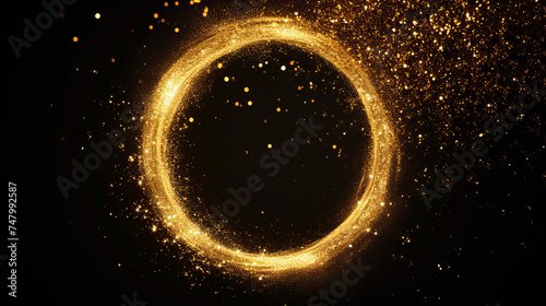 Dynamic gold glitter circle, brilliant shine, sparkles and golden particles exploding in a circle frame, stark contrast on a black background, hyper-realistic, capturing the moment, AI Generative