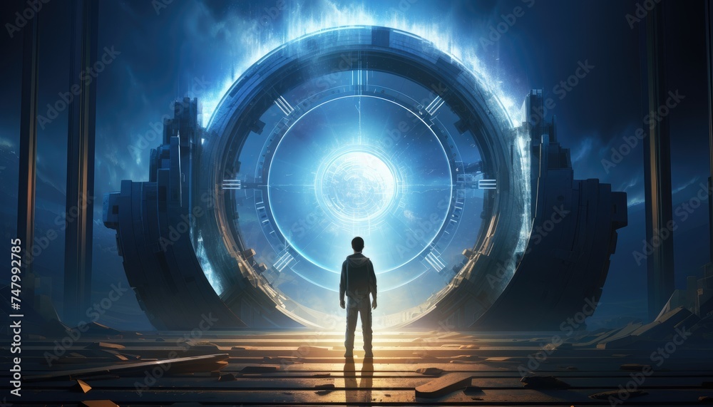 sci-fi concept showing a man standing at the futuristic portal Stock ...