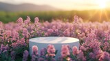Elegant natural podium for product display, amidst a dreamy field of vibrant flowers, soft morning light enhancing serene mood, photorealistic, wide angle, dawn, digital art, AI Generative
