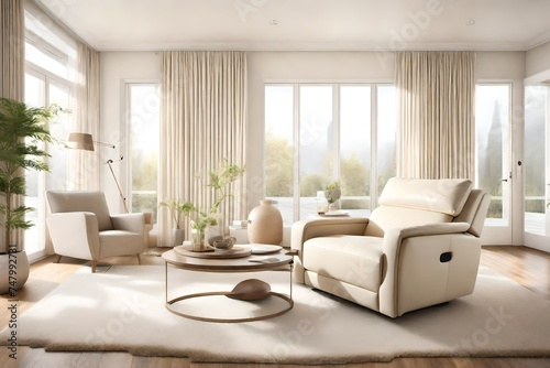 A serene living room boasting a cream-colored recliner positioned to capture the essence of natural light, offering a peaceful retreat within a stylish interior. © WOW