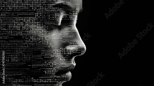 face composed of binary computer code, black background, AI Generative