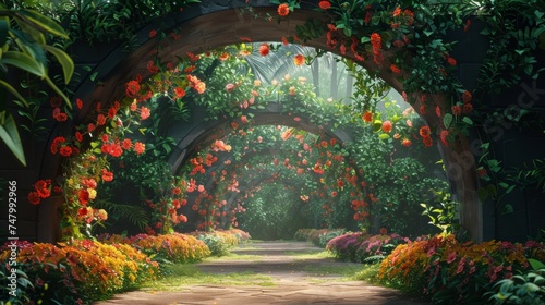 Fairytale garden brought to life, flower arches frame the hidden beauty, a canvas of colorful greenery, perfect for digital backgrounds,, AI Generative photo