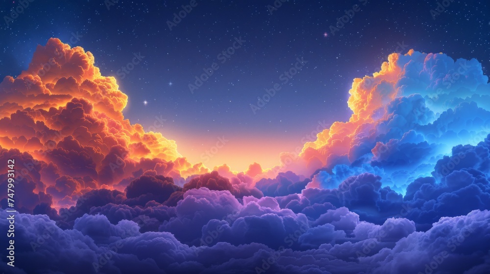 fluffy volumetric clouds, illuminated by moonlight against a dark blue starry sky, ethereal glow around edges, creating a serene night scene, stars twinkling subtly, AI Generative