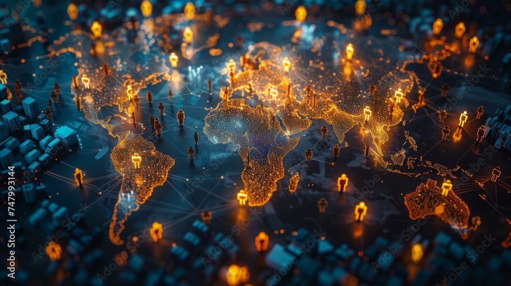 Global business network, people icons dotting a world map, interconnected across continents, a visual symphony of worldwide commerce under soft, global illumination, AI Generative - obrazy, fototapety, plakaty 