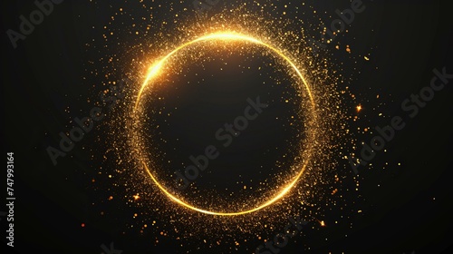 Gold glitter circle with a soft glow, light sparkles scattered with varying intensity, golden particles in a delicate circle frame on a black background, hyper-realistic, AI Generative