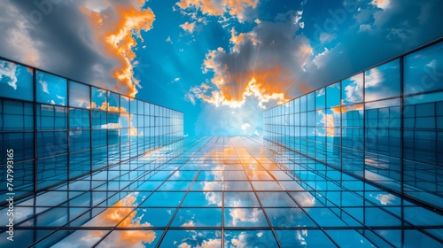 Futuristic architecture from below, skyscrapers with curved glass windows, a low angle view of modern marvels, AI Generative photo