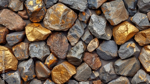 Golden texture stones, pebbles rock wall seamless pattern, cobble pavement textured surface, AI Generative photo