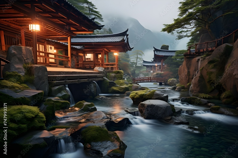 A traditional Japanese onsen (hot spring) with wooden architecture and outdoor bathing areas.

