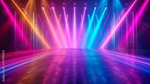 Imagine a backdrop where neon light rays ripple across the scene, simulating the effect of light refracting through a prism. Incorporate a blend of cool and warm neon colors, AI Generative