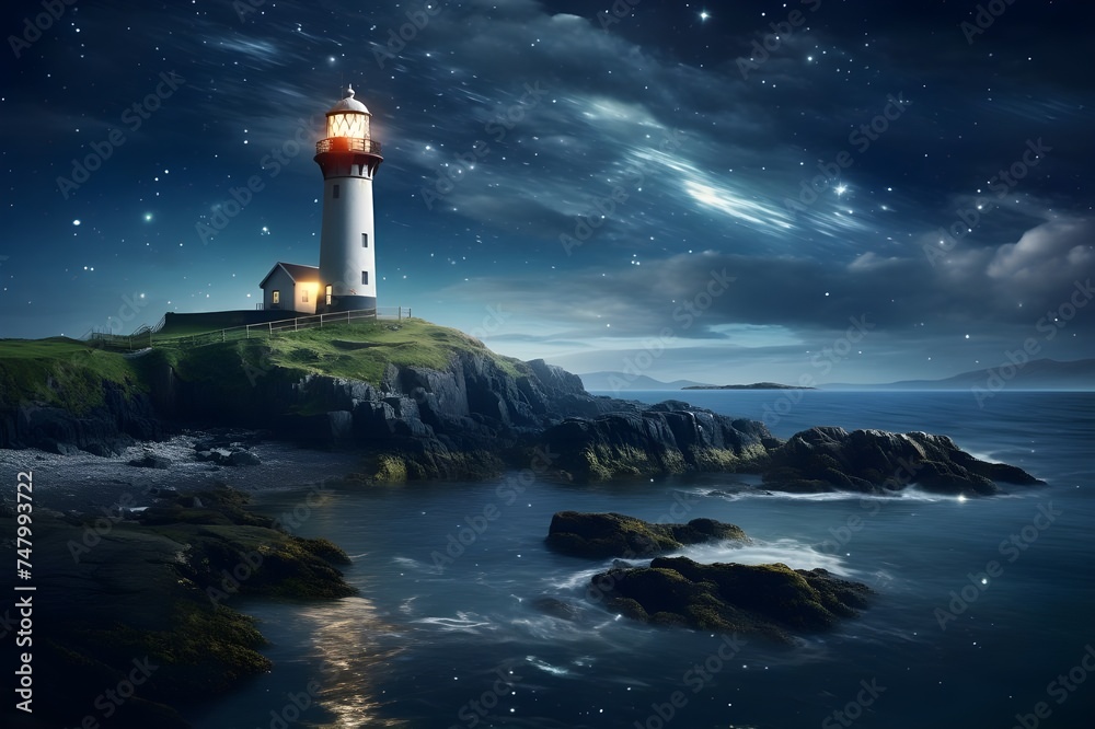 A coastal lighthouse under a starry night sky, casting its beam over the dark waters.

