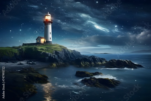A coastal lighthouse under a starry night sky, casting its beam over the dark waters.