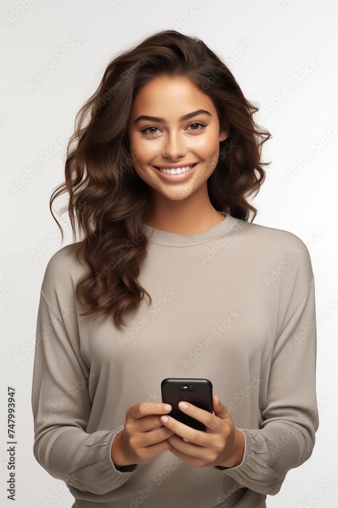happy brunette woman using phone on white background. happy brunette woman using phone on white background.