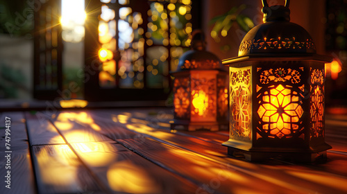 ramadan lantern lit up in a room. ramadan scenes. ramadan kareem holiday celebration concept