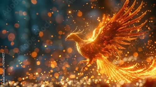 Phoenix bird rising from ashes, 3D illustration, fiery rebirth, mythical firebird, vibrant flames, immortal legend, AI Generative photo