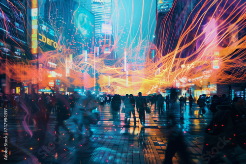 A blurry picture of people walking down a street with a sign