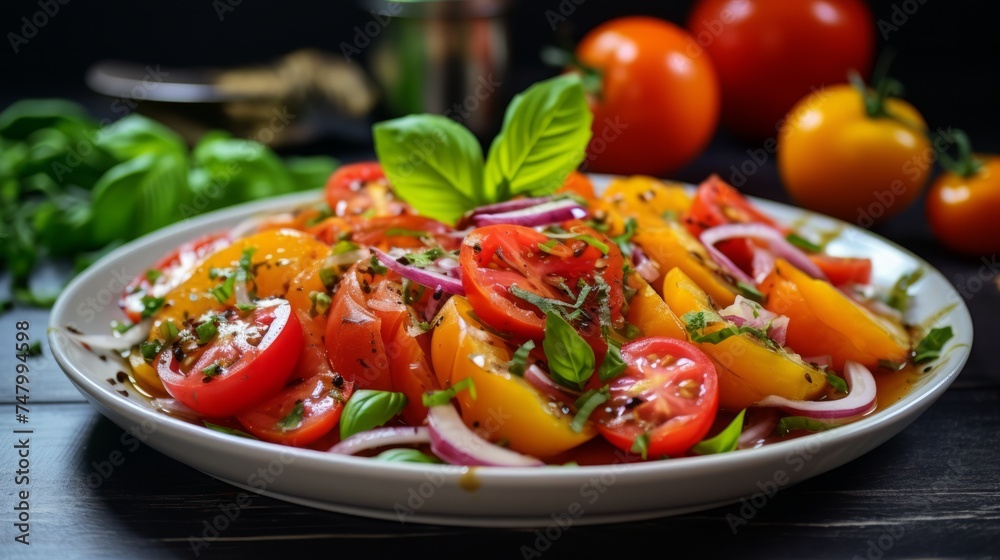 Plate with tomatoes, onions and basil. Neural network AI generated art Plate with tomatoes, onions and basil. Neural network AI generated art