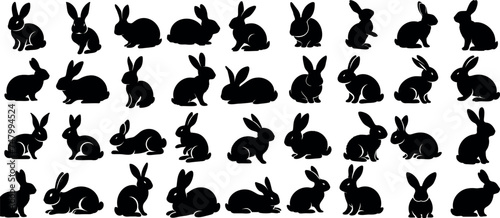Black bunny silhouette collection, various bunny poses isolated on white background. Ideal for Easter, pet themes, creative designs, minimalist rabbit vector, modern elegance