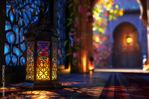 ramadan lantern lit up in a room. ramadan scenes. ramadan kareem holiday celebration concept