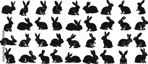 Rabbit silhouettes, various poses of rabbit, bunnt vector illustration, hare on white background, ideal rabbit, bunny for logo design, Easter themes, decorations photo