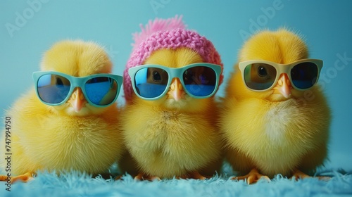 Three yellow chicks wearing blue sunglasses, striking poses, vibrant studio blue background, Easter fun, AI Generative