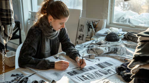 Stilista che disegna schizzi di moda su un grande tavolo, circondato da campioni di tessuto e accessori photo