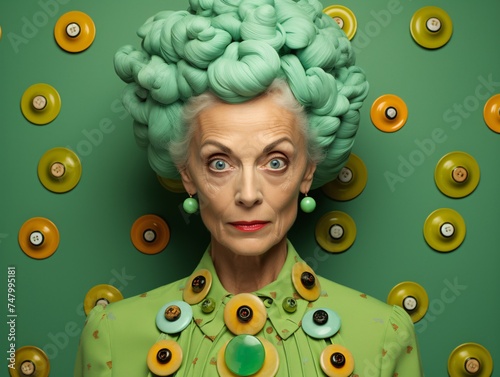 a woman with green hair and large buttons photo